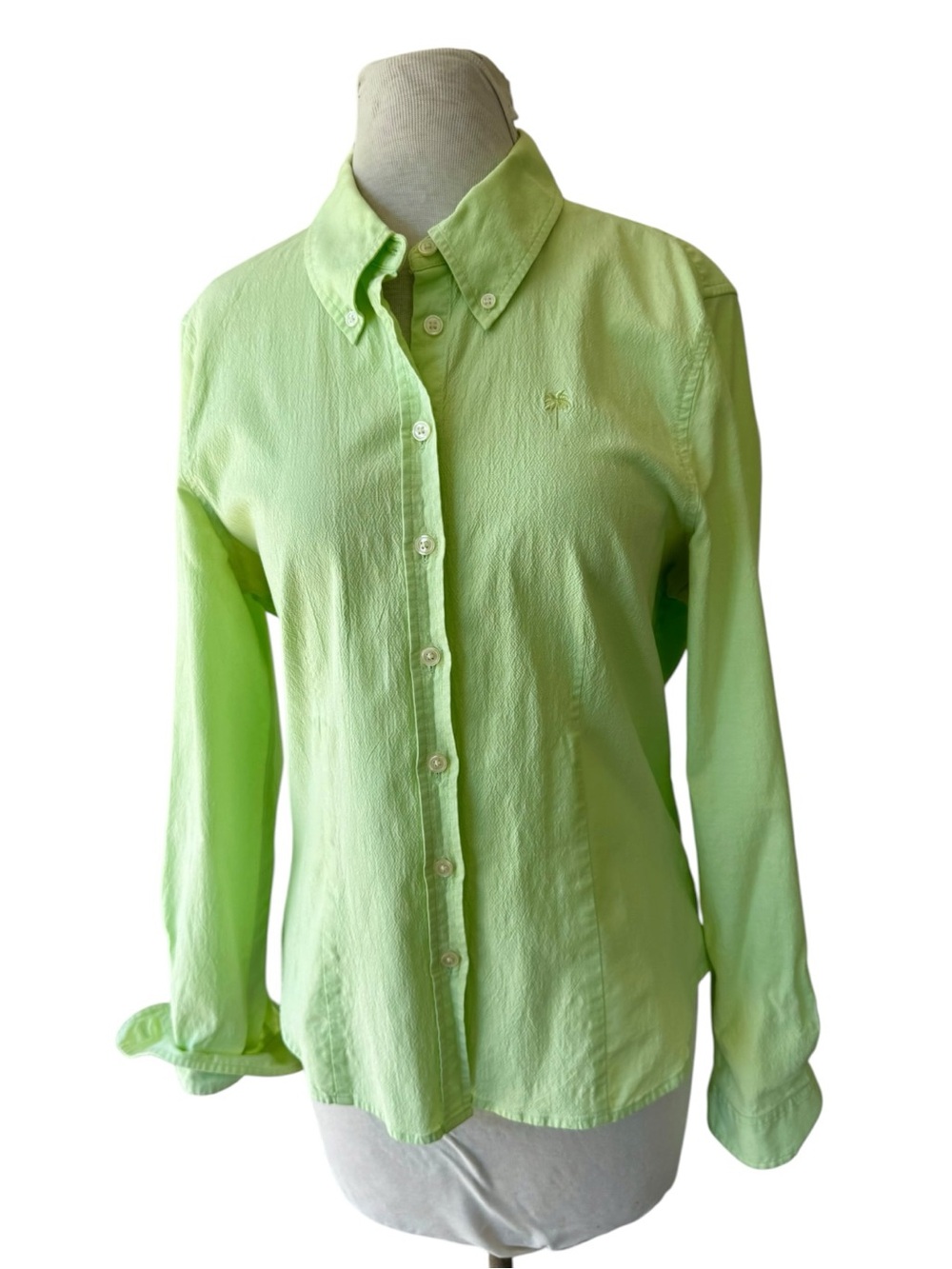 Vtg 90s Lilly Pulitzer Lime Green Button-Up Stretch Woven Top Sz 14 Fits M